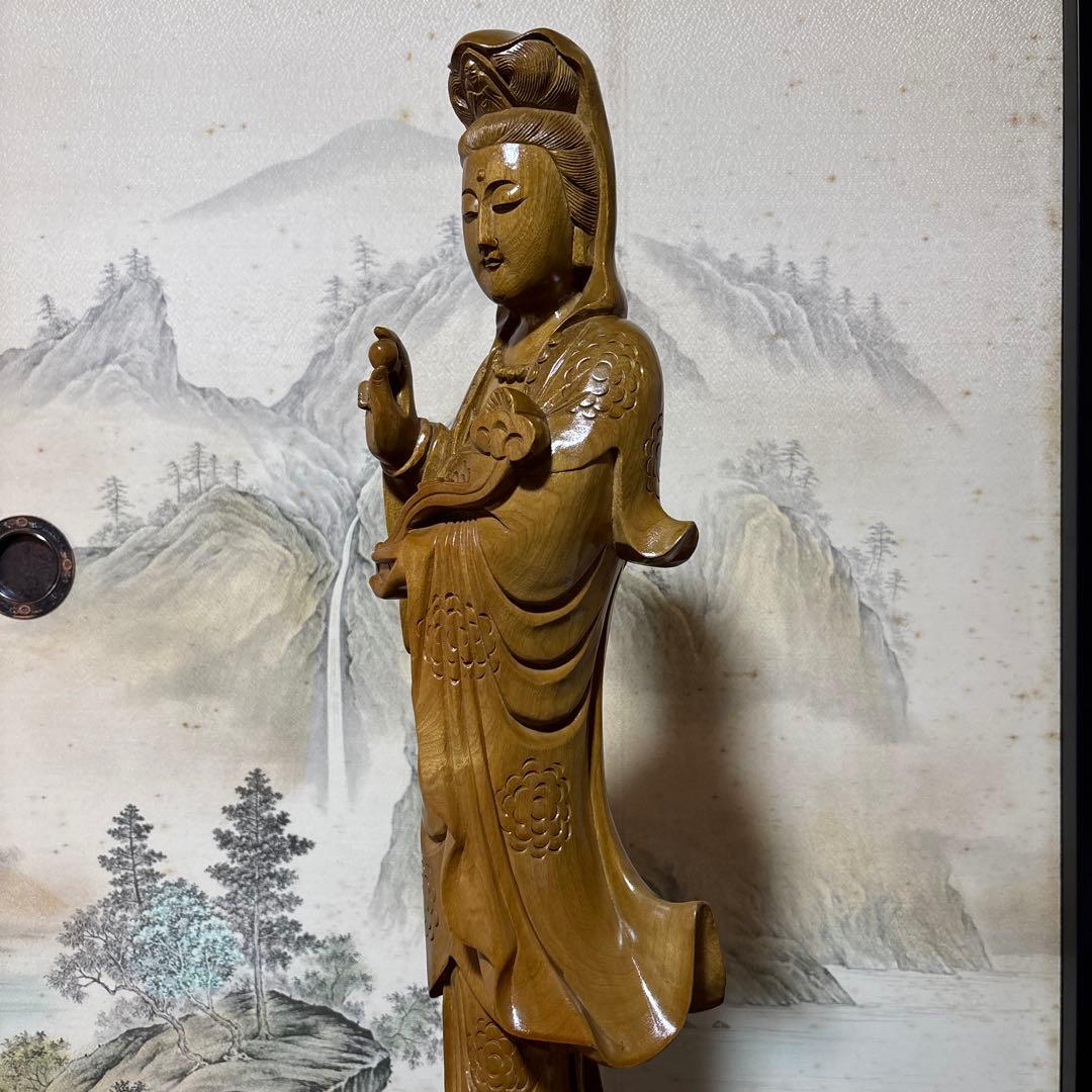 大型 観音菩薩 木彫　仏像 彫刻　開運　風水　置物　縁起物　インテリア　如意持ち