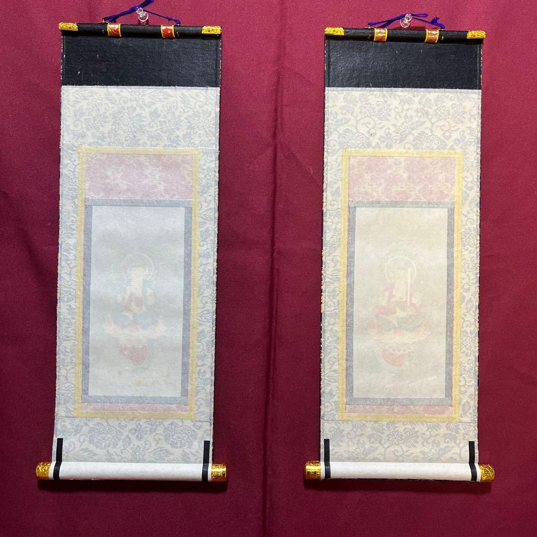 高級掛軸 文殊菩薩・普賢菩薩 絹本手描 本表装仕立 両脇70代 禅宗