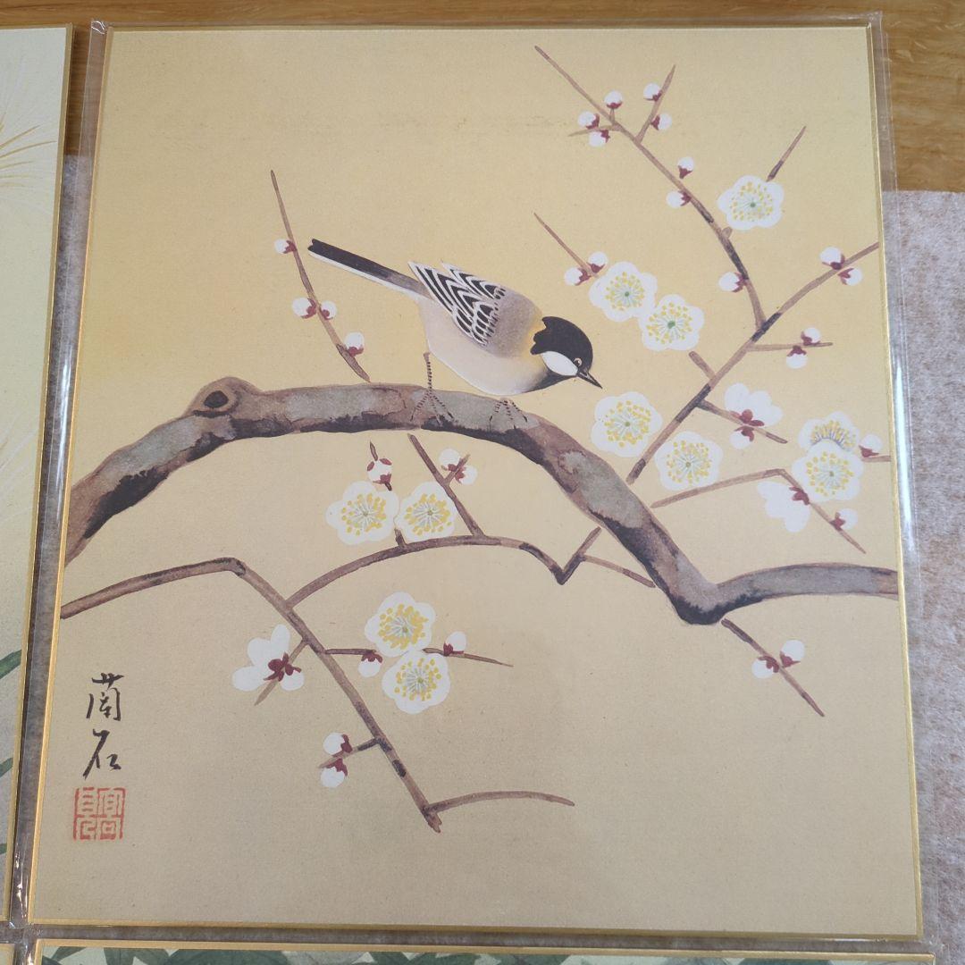 鳥と葉の水彩画 掛軸