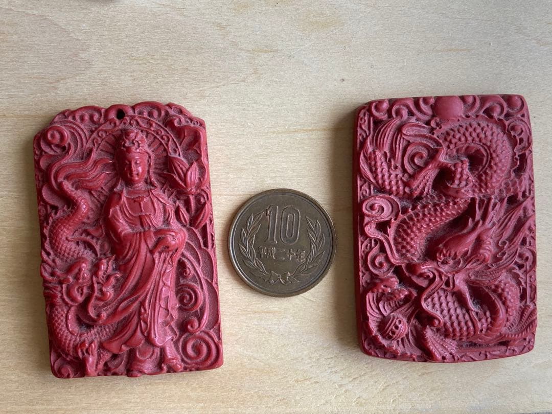 【一点物】龍＆観音⭐︎シナバー彫刻2点セット⭐︎開運・風水・アンティーク調　神龍⭐︎