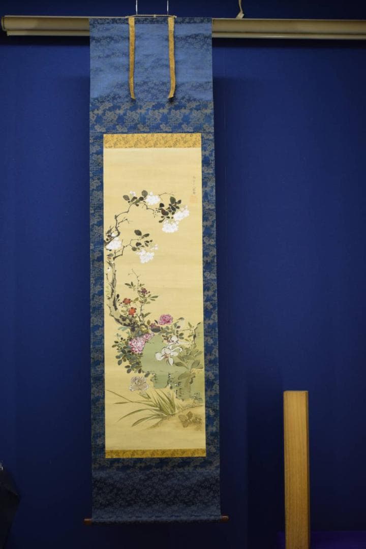 真作/米宮三人/四季花/小禽図/布袋屋掛軸HG-371