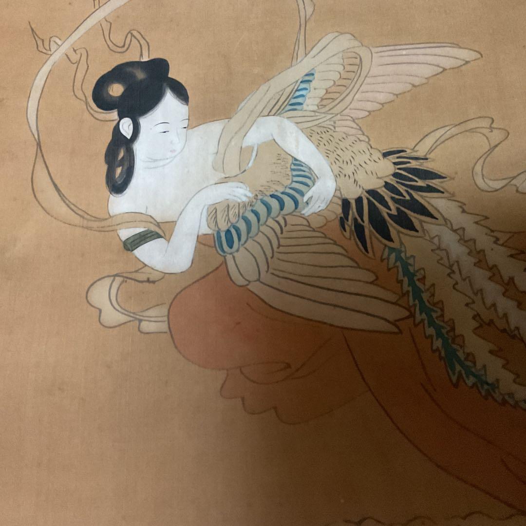 作者名無落款 羽衣女人松富士図 経年経過 桐箱