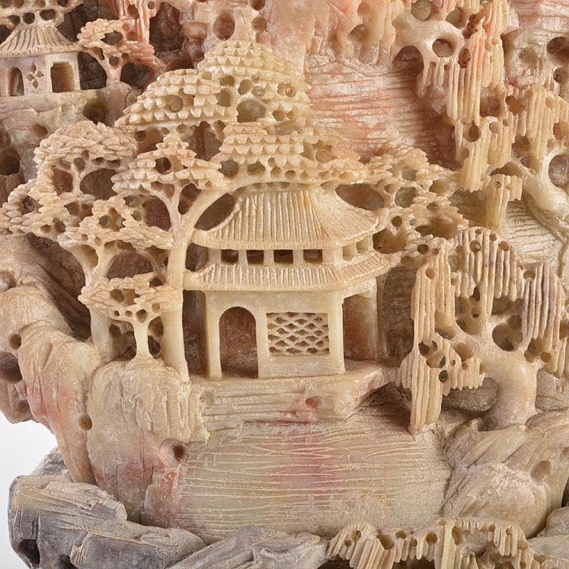 中国　玉石蝋石青田石　楼閣山水雕　床飾　置物　M　R7537