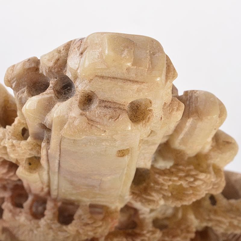 中国　玉石蝋石青田石　楼閣山水雕　床飾　置物　M　R7537