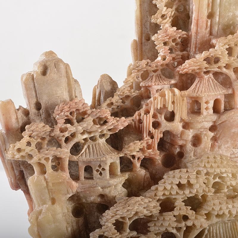 中国　玉石蝋石青田石　楼閣山水雕　床飾　置物　M　R7537