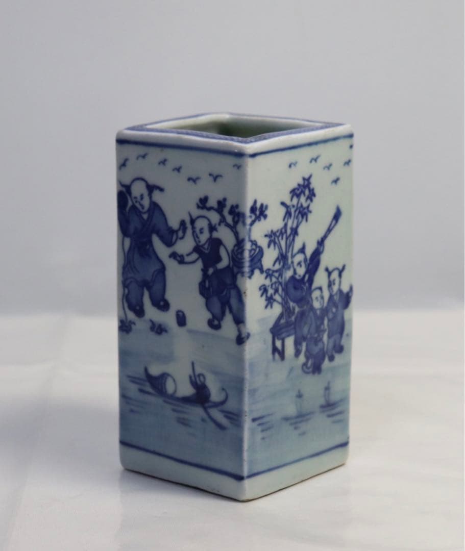 中国　光緒年製　唐子紋染付筆筒　送料込み1219