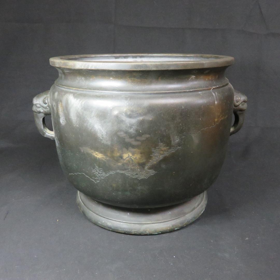 火鉢 手あぶり 金属 真鍮 山水 唐金 彫金