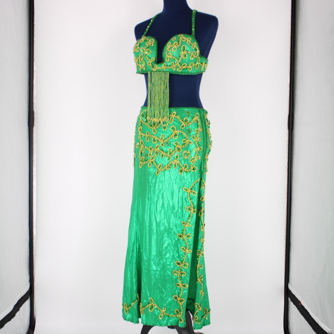 【ベリーダンス用オリエンタル衣装】ラメ入りグリーン ゴールド セットアップ