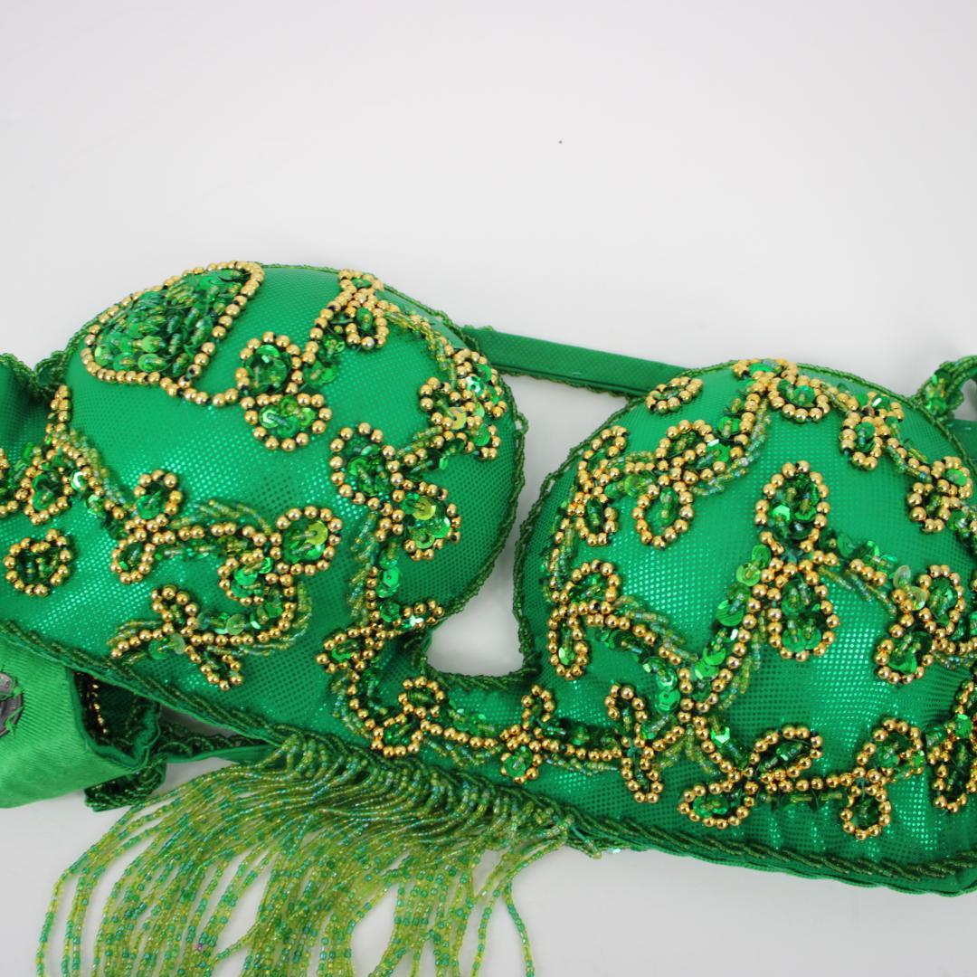 【ベリーダンス用オリエンタル衣装】ラメ入りグリーン ゴールド セットアップ