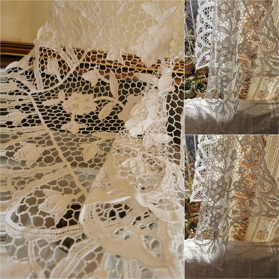 アンティーク イタリア ポワンドヴェニスローズ 薔薇と蕾 リネンレースランナー◽