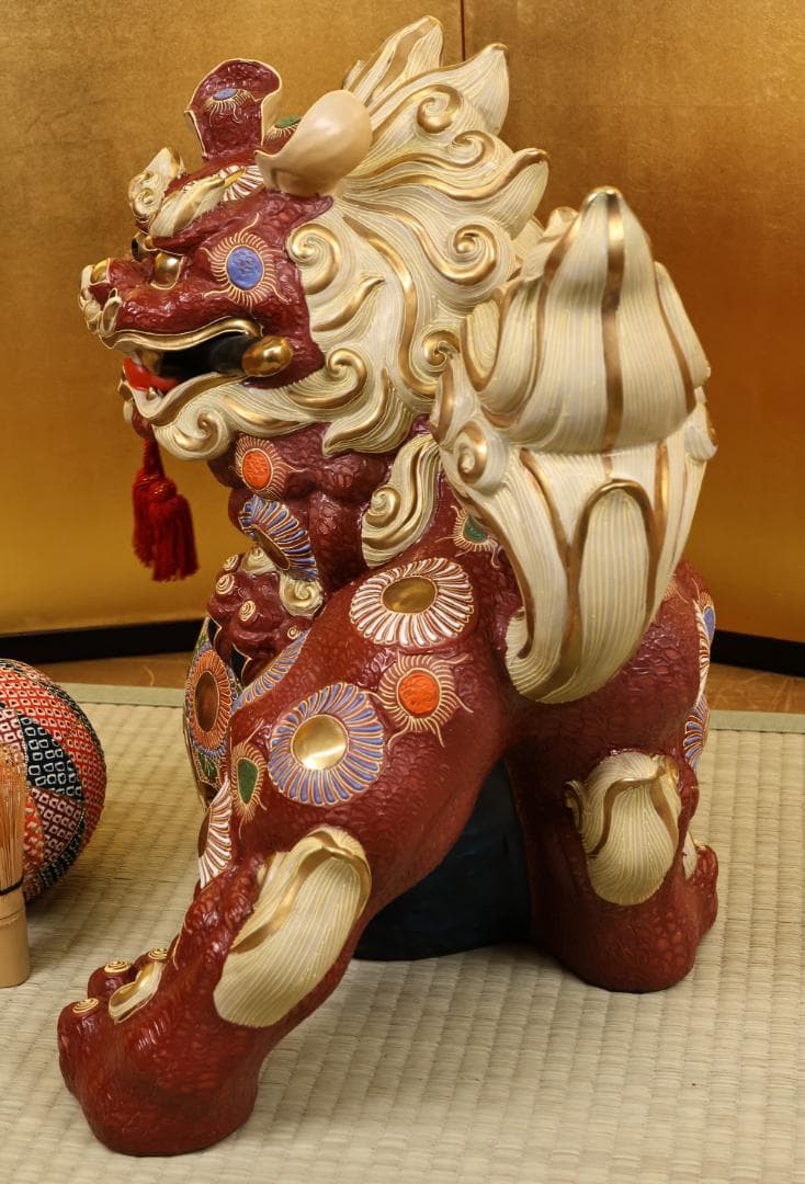 九谷焼　八幡釜　須栄義　剣獅子　置物　床飾　魔除　縁起物　高さ40㎝　BK044