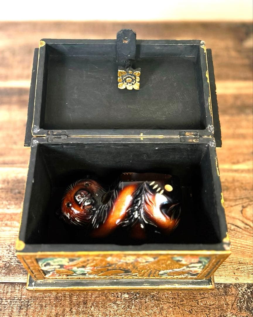 20世紀中期 アンティーク 木製宝箱 彩色金彩彫刻 蓋付き 小物入れ ビンテージ