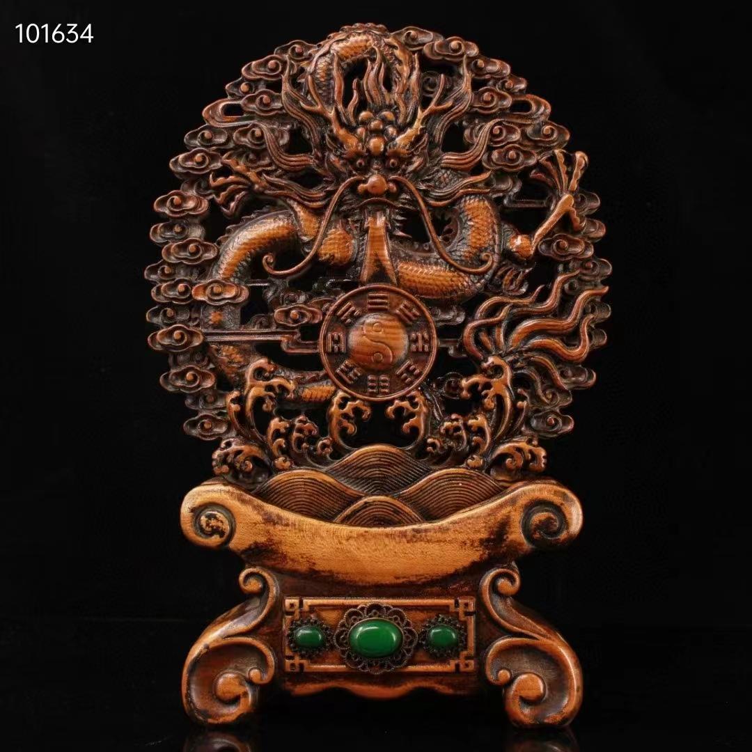 中国古美術・八卦龍屏風・龍置物·黄楊木・手作・宝石で镶嵌・細密彫・風水開運・賞物