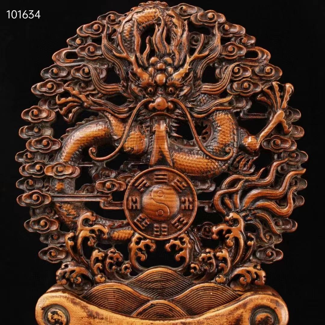 中国古美術・八卦龍屏風・龍置物·黄楊木・手作・宝石で镶嵌・細密彫・風水開運・賞物
