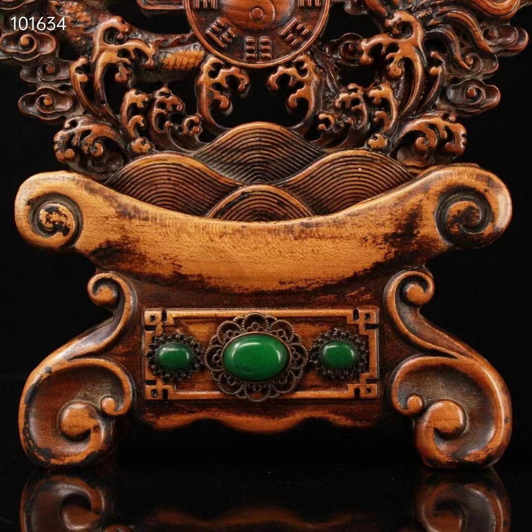 中国古美術・八卦龍屏風・龍置物·黄楊木・手作・宝石で镶嵌・細密彫・風水開運・賞物