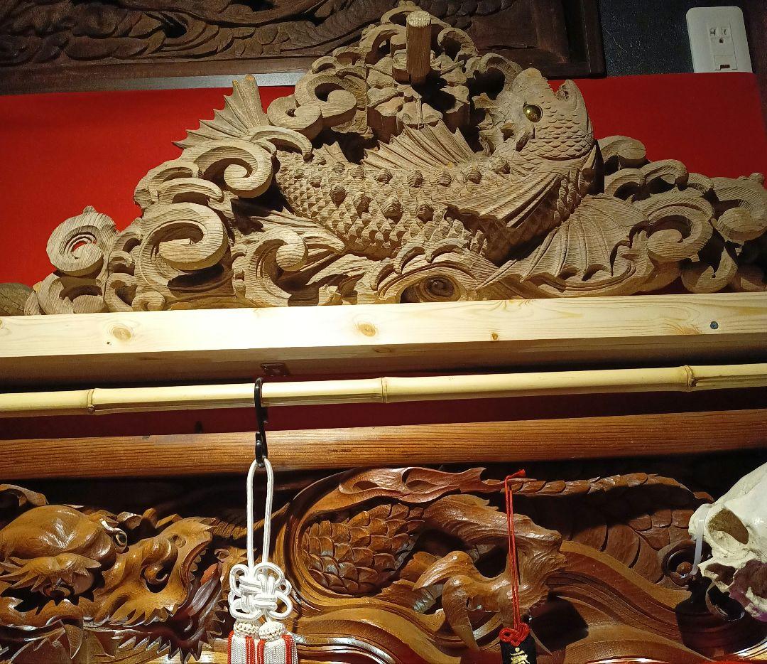 木彫り　玉眼　彫刻　魚　化け鯉　鯱　龍　麒麟　欄間　アンティーク　骨董品　現状品