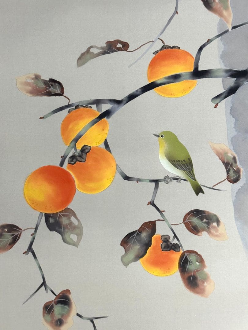 北条静香 柿に目白 掛け軸 絹本 合箱 柿 目白