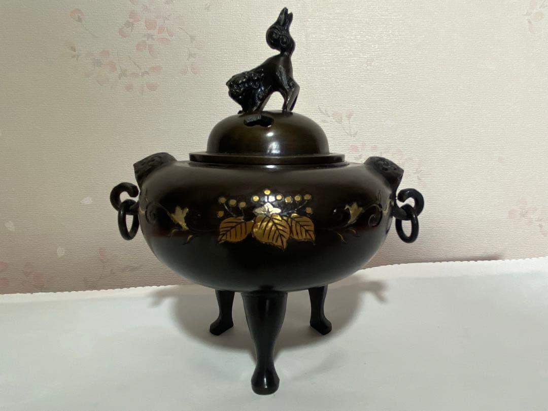 ♦獅子飾り 自在遊環 三足香炉 高岡銅器 銅製 唐金 香道具 置物 飾り 骨董品