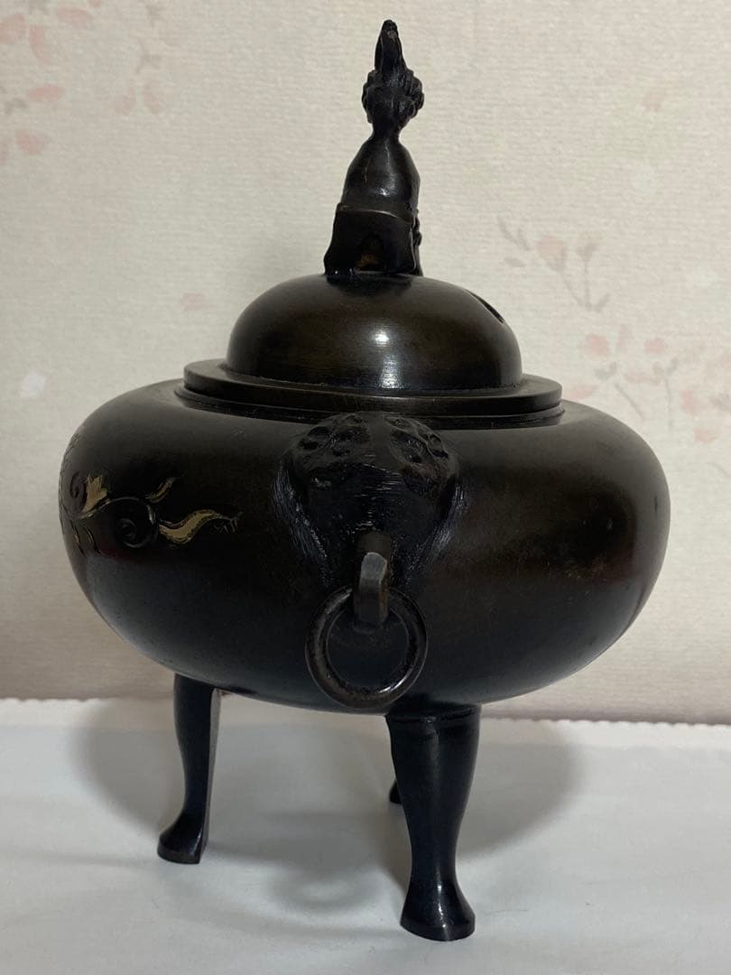 ♦獅子飾り 自在遊環 三足香炉 高岡銅器 銅製 唐金 香道具 置物 飾り 骨董品