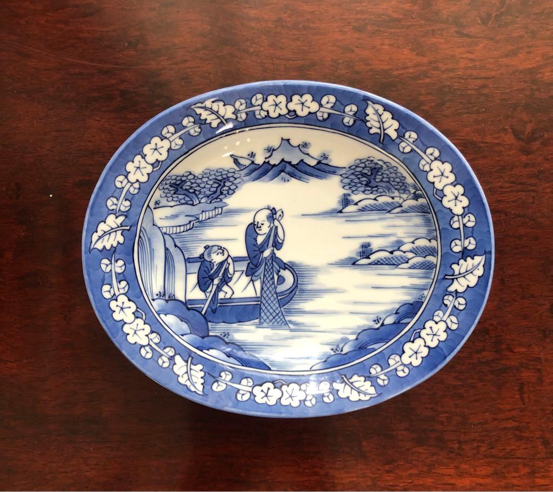 三川内焼　平戸祥山　手彩染付山水　舟に人物　5枚組