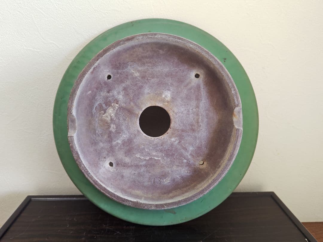 緑色の円型陶器製盆栽鉢 約42cm×15cm