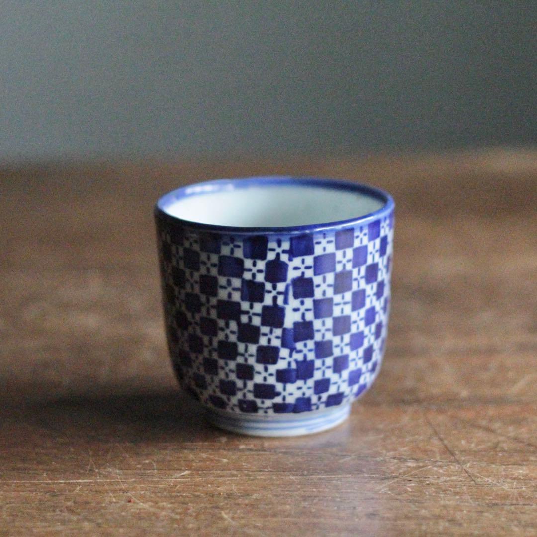 市松文様 筒盃 明治 印判 酒器 ぐい呑み 古美術 古道具 アンティーク