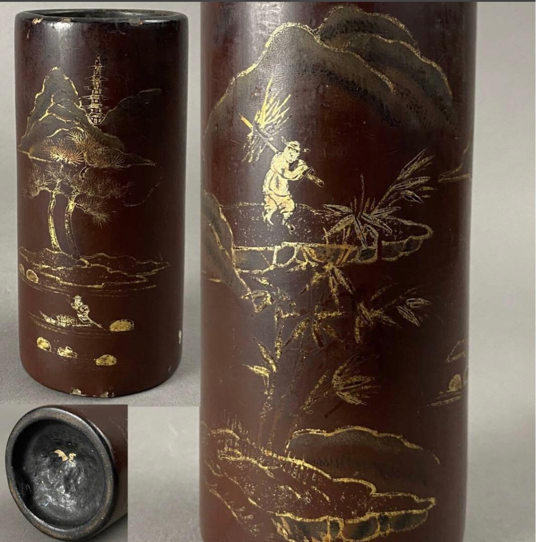 清~民国 黒漆金彩山水紋筆筒　茶道具　筆箱　骨董品　工芸品　時代もの　筆　蒔絵