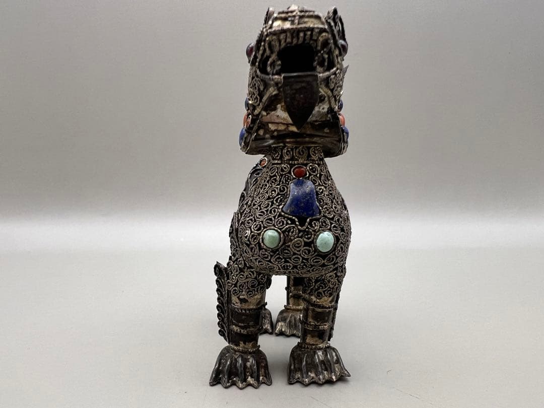 【海】民国期　銀製　獅子　珊瑚　ラピスラズリ　トルコ石装飾　中国骨董品