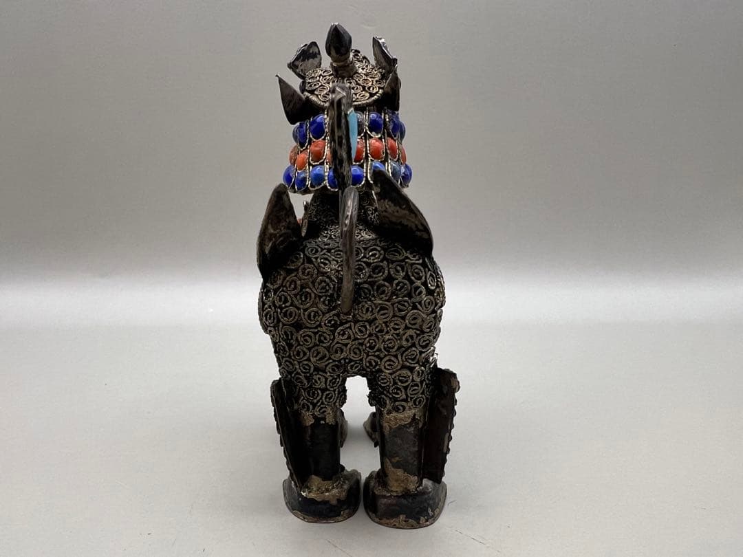【海】民国期　銀製　獅子　珊瑚　ラピスラズリ　トルコ石装飾　中国骨董品