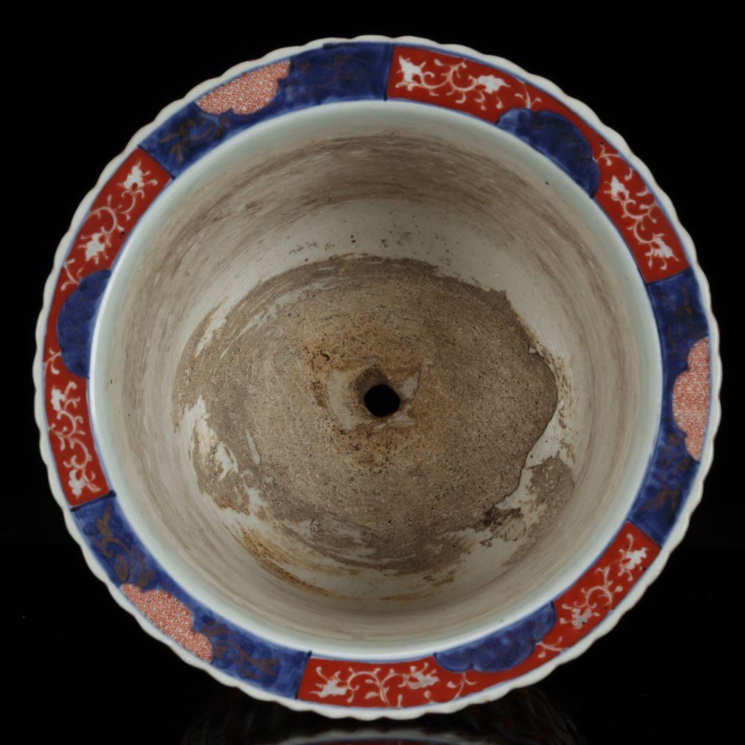 古伊万里 錦手丸鉢 色絵窓絵 鳳凰獅子文 植木鉢 蘭鉢 盆栽鉢 古美術 骨董品