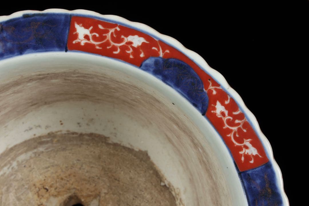 古伊万里 錦手丸鉢 色絵窓絵 鳳凰獅子文 植木鉢 蘭鉢 盆栽鉢 古美術 骨董品