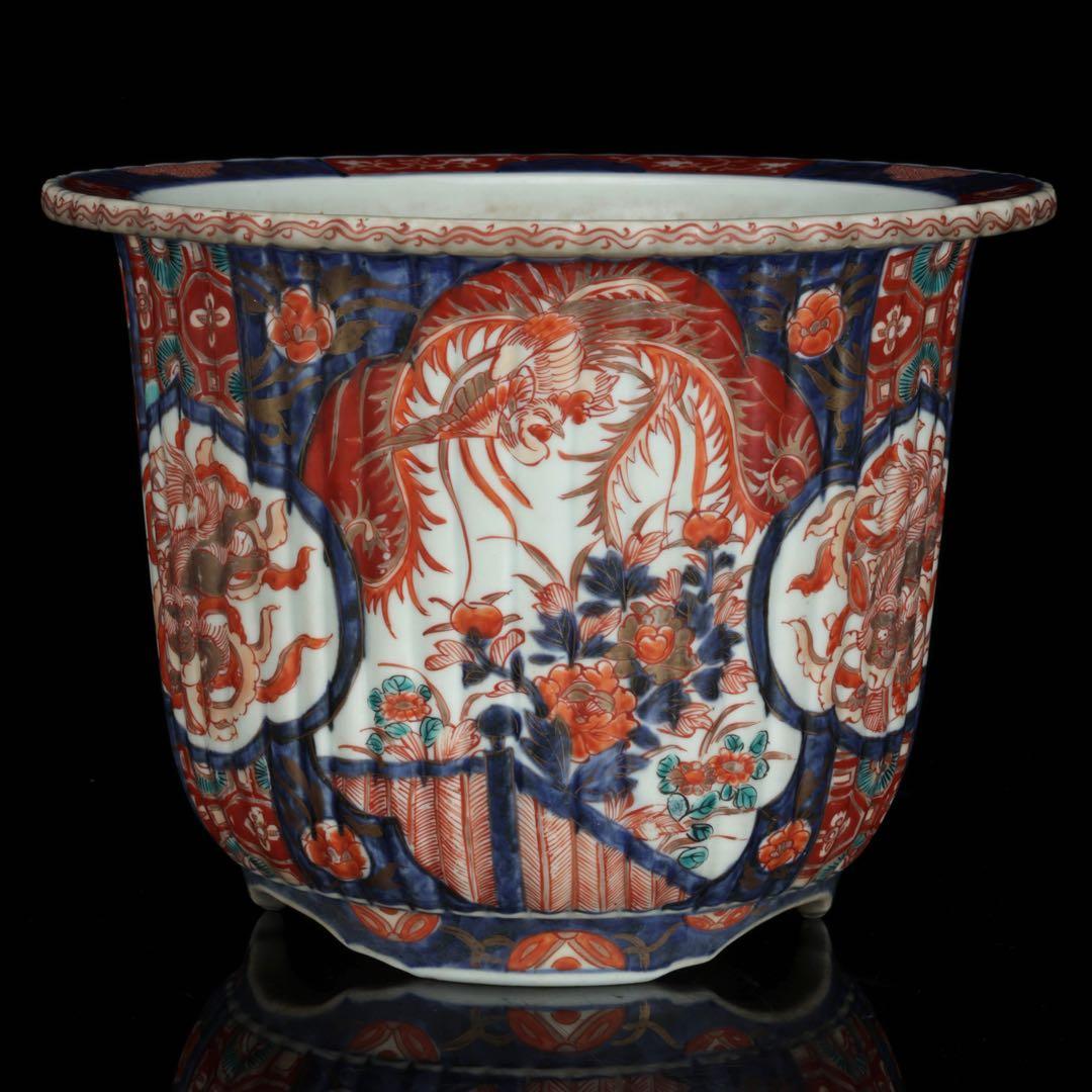 古伊万里 錦手丸鉢 色絵窓絵 鳳凰獅子文 植木鉢 蘭鉢 盆栽鉢 古美術 骨董品