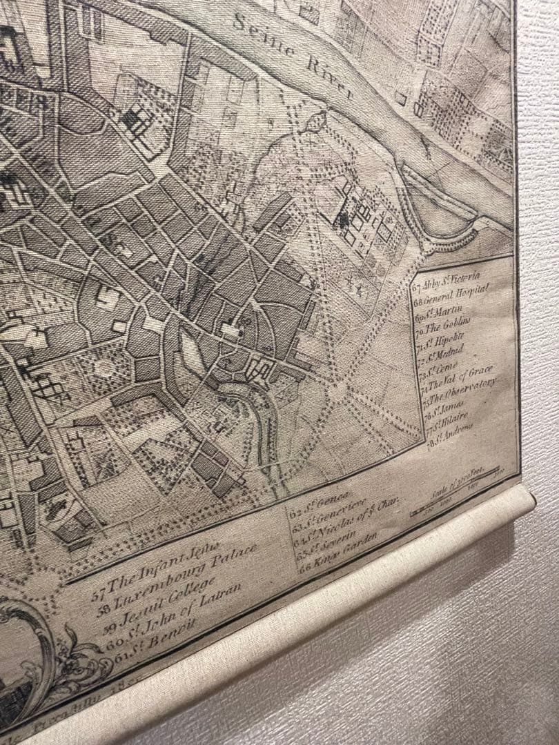 パリ古地図 布製タペストリー スクロール壁掛け 木製バー