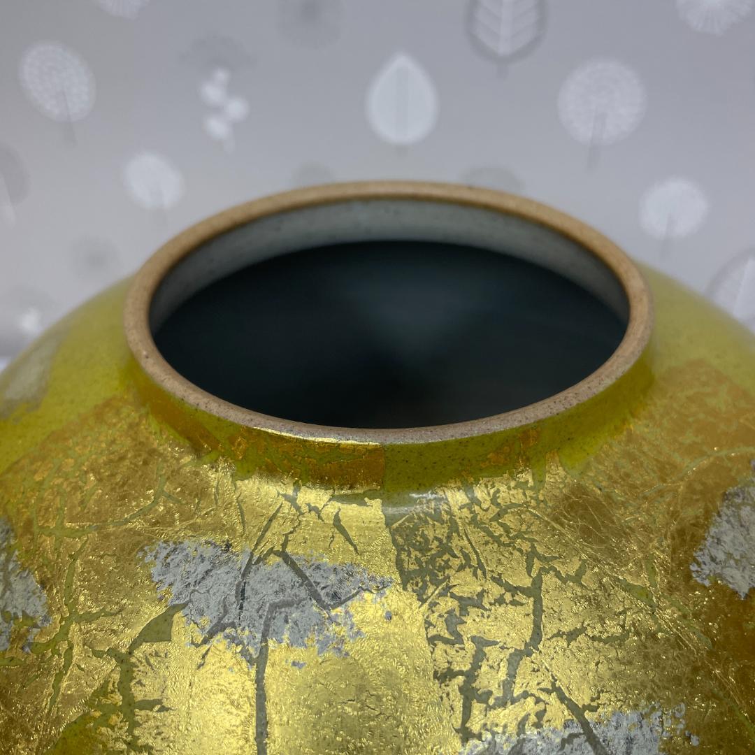 現状品 九谷焼 光陽 山田登陽志 金箔鶴 花瓶 花器 径25×高24cm 陶器