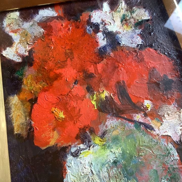 絵画 油絵 二科会 竹井英子 赤い花 額装 サイン