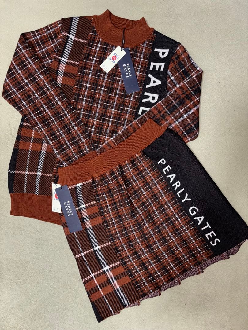 （新品）パーリーゲイツ、マルチチェック柄、ニット、セットアップ、サイズ0