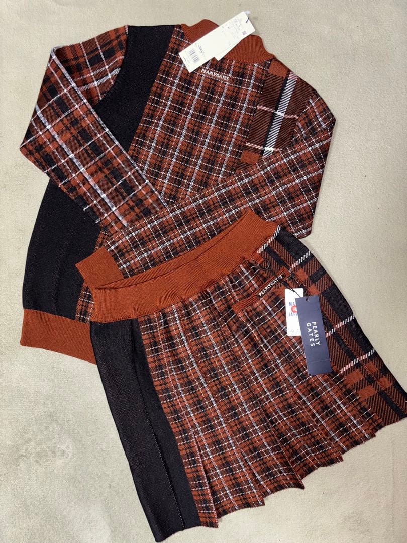 （新品）パーリーゲイツ、マルチチェック柄、ニット、セットアップ、サイズ0