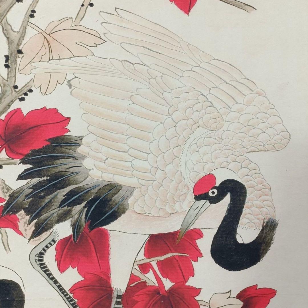 中国花鳥画 双鶴図 掛け軸 四尺中堂 紅葉 伝統絵画 サイズ：70×173cm