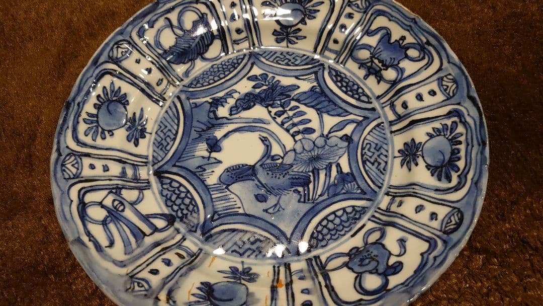 古染付　李朝　古玩　鳥の図　中皿　１客