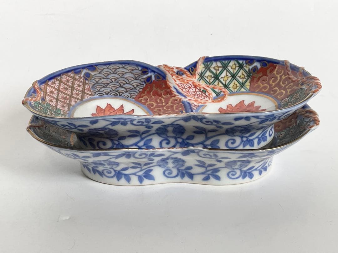 骨董　アンティーク　色絵　祥瑞　金襴手　双菊　瓢箪　向付　変形皿　2枚組