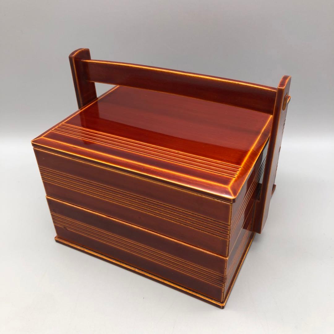 箱入り飛騨高山伝統工芸品飛騨春慶塗手提げ二段重箱15.5cm高島屋ビンテージ食器