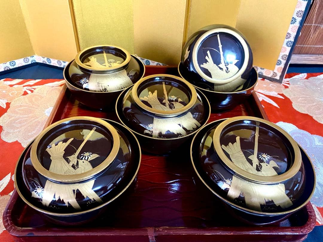 アンティーク 輪島塗 漆器セット 天然木 蒔絵 菓子椀5客 ,沈金 2段重箱