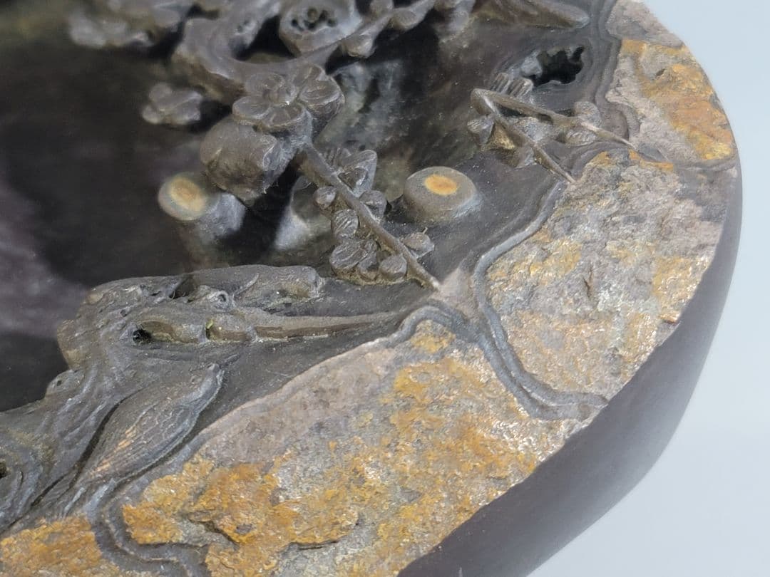 DT531 中国 文房四宝 端渓 刻梅紋 硯 唐木蓋付 美品