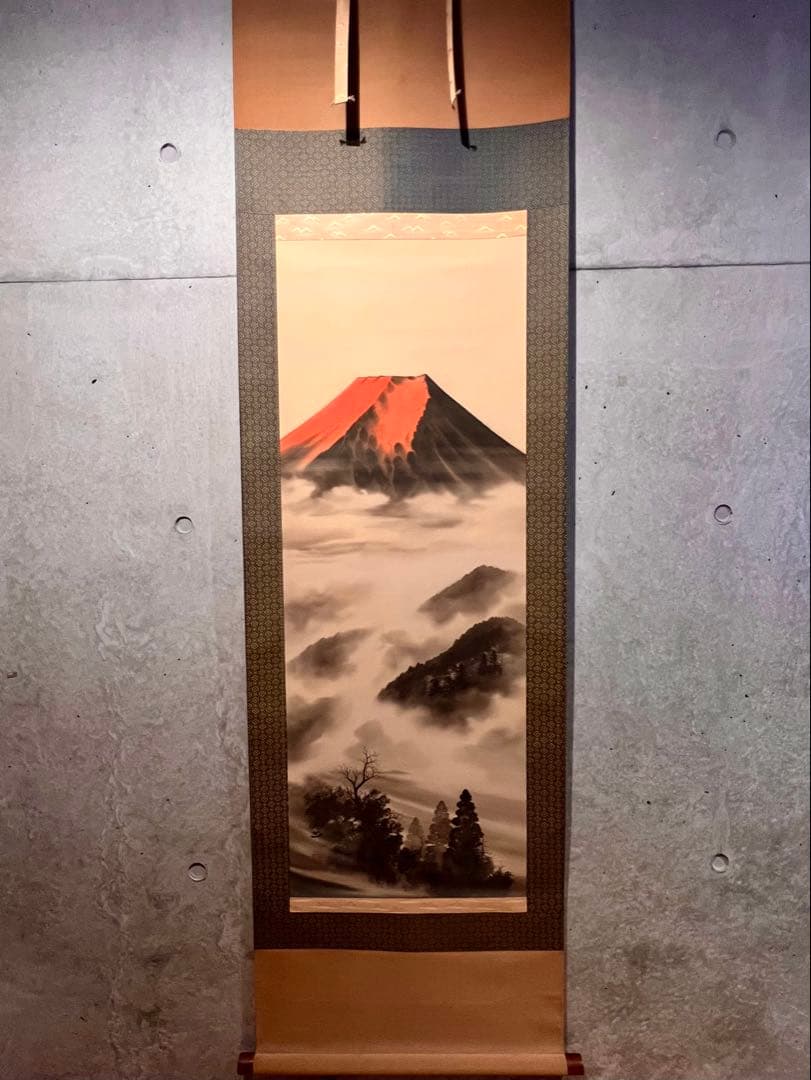加瀬至 赤富士 肉筆 共箱 日本画 掛け軸 掛軸 正月 富士 縁起物 絵画アート