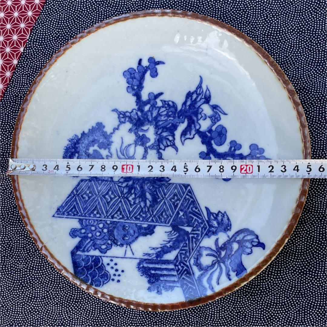 印判　染付大皿　花鳥図