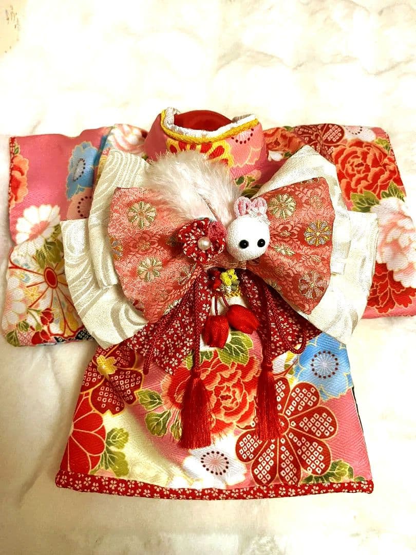 帯飾りを足してお作りし直しました。☆*花柄ピンク着物☆*　犬服　犬服用お着物