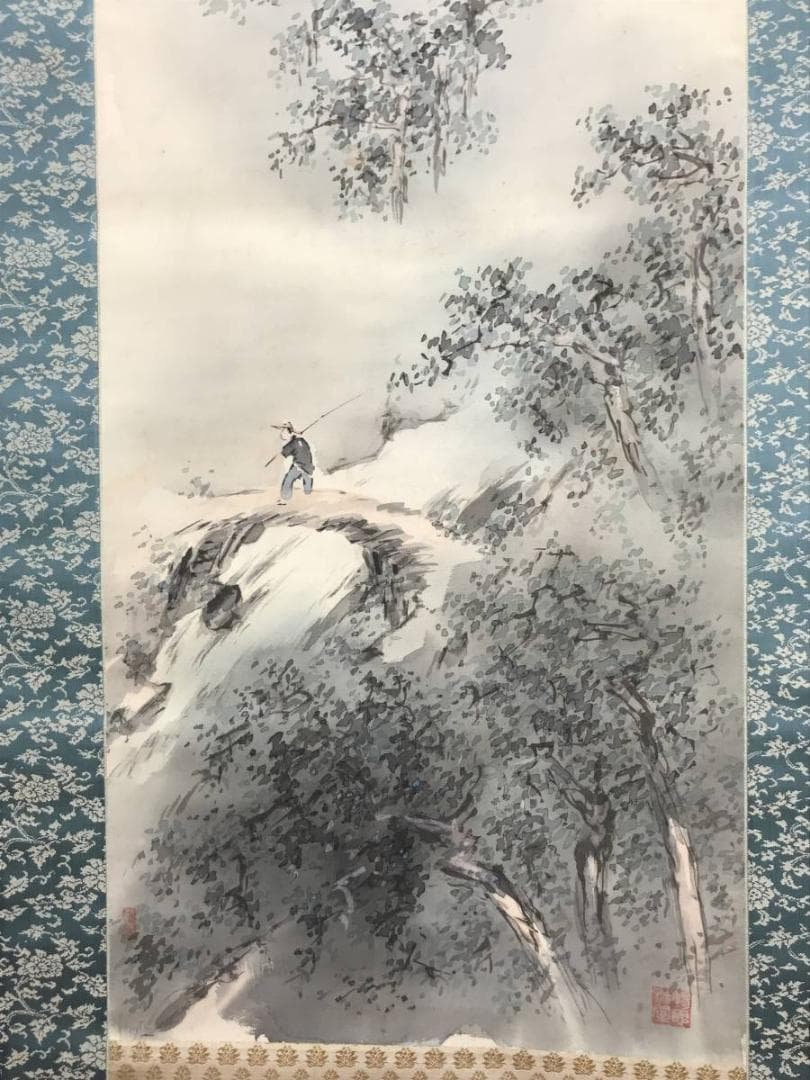 【真作】後藤杏塢/夏山雨後釣人図/山水図/釣人図/掛軸/名家伝来/AC-71