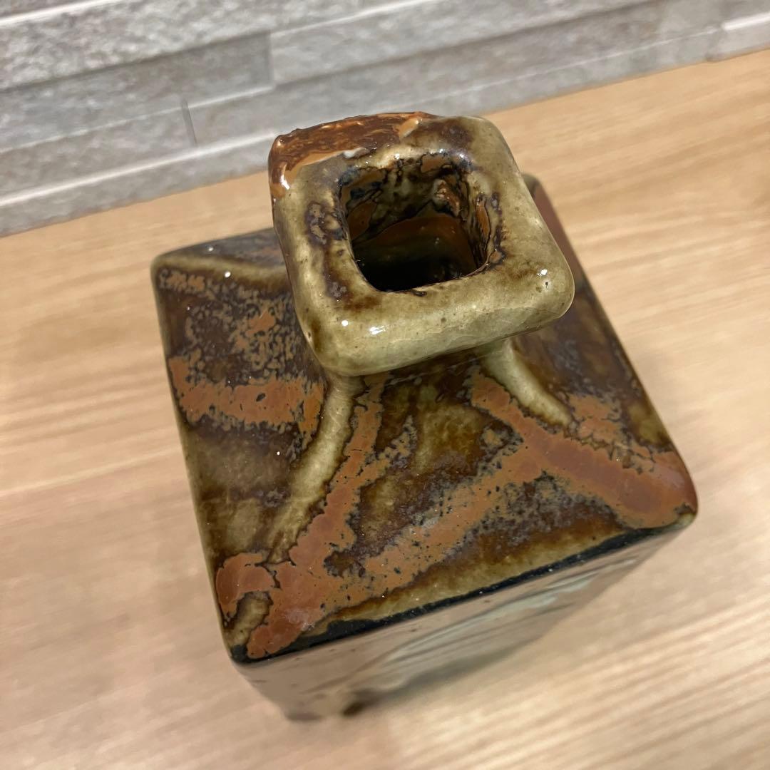 【ビンテージ民藝】濱田庄司　柿釉きび文角瓶/益子焼