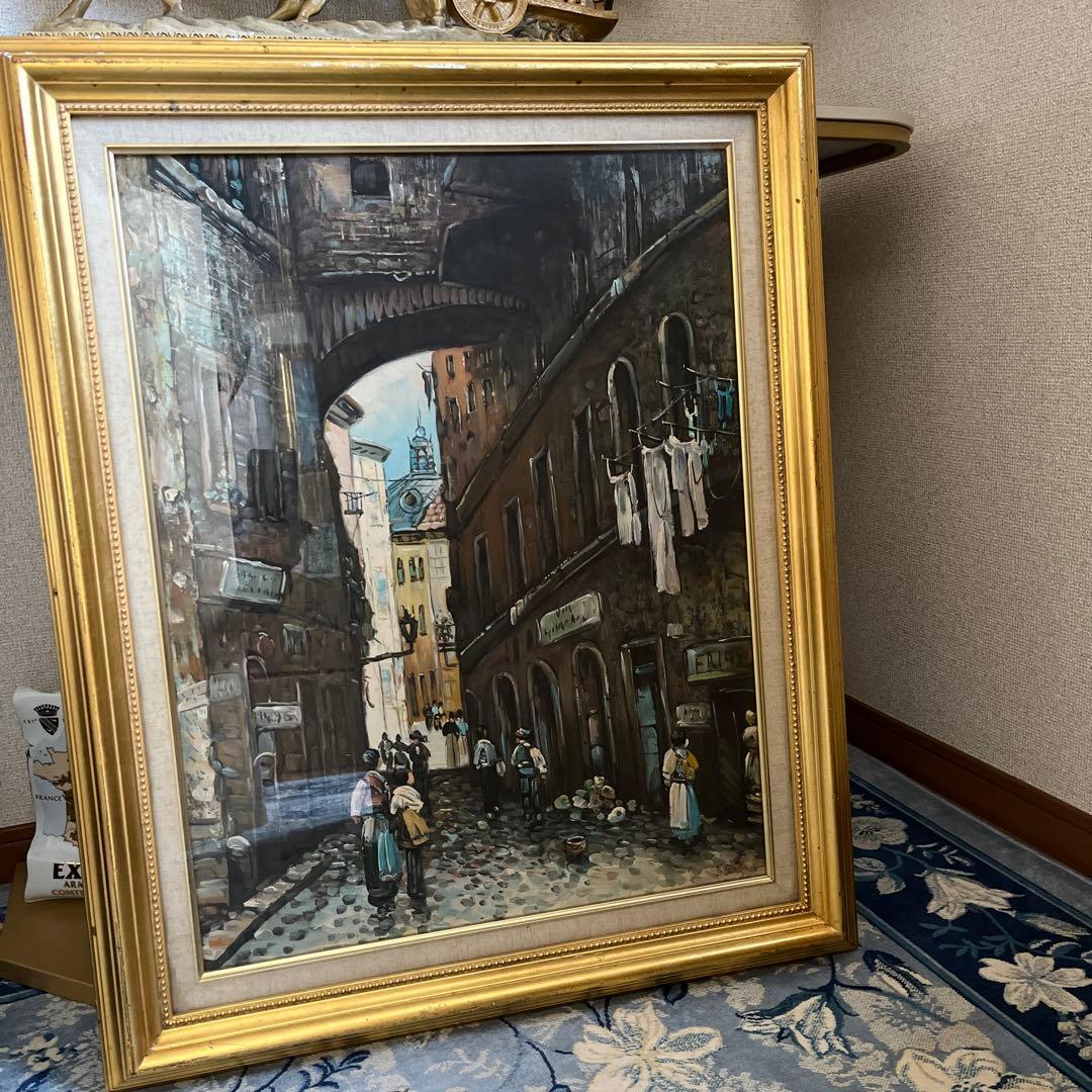 【更に値下げしました】街並み 油彩画 金色フレーム