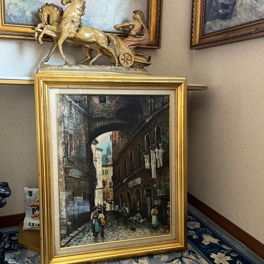 【更に値下げしました】街並み 油彩画 金色フレーム